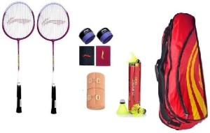 Li-Ning Combo of Nine, Two 'SMASH XP 708' Badminton Racquets, Two Wrist Bands, Two Badminton Grip , One Kitbag , One Crepe bandge And One Turbo T800 (Pack of 6) Badminton Kit