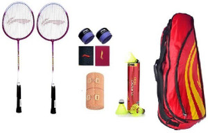 Li-Ning Combo of Nine, Two 'SMASH XP 708' Badminton Racquets, Two Wrist Bands, Two Badminton Grip , One Kitbag , One Crepe bandge And One Turbo T800 (Pack of 6) Badminton Kit