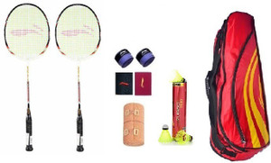 Li-Ning Combo of Nine, Two 'G-Tek 68 Lite ' Badminton Racquets, Two Wrist Bands, Two Badminton Grip , One Kitbag , 1 Crepe bandge and One Turbo T800 (Pack of 6) Badminton Kit