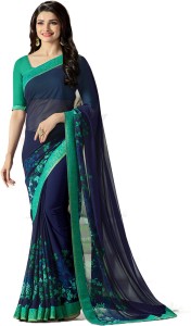 bombey velvat fab floral print, solid daily wear georgette saree(dark blue) New A Bl15ue Bvf