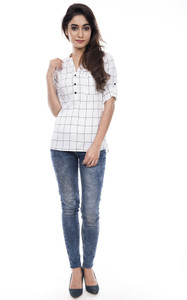 Amadore Casual Roll-up Sleeve Checkered Women White Top