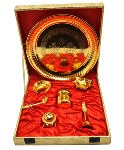 ellegent gold plated brass pooja thali set 7 pieces gold