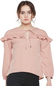 Popnetic Casual Bell Sleeve Solid Women Pink Top