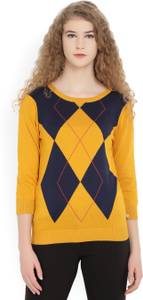 United Colors of Benetton Self Design Round Neck Casual Women's Yellow, Blue Sweater