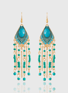 Jazz Jewellery Fashion Designer Tassel Turquoise Blue color Party wear Green Beaded Gold Plated Dangler Hook Long Earrings for Girls Ladies Alloy Drop Earring