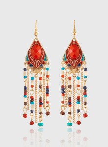 Jazz Jewellery Gold Plated Red Designer Earring with Multi Color Beaded Dangler Hook Long Earrings for Girls Ladies Alloy Drop Earring