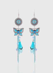 Jazz Jewellery Long Feather Tassel Silver Plated Beautiful Butterfly Designer Dangler Hook Earrings for Girls Ladies Alloy Tassel Earring