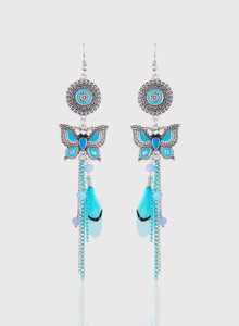 Jazz Jewellery Long Feather Tassel Silver Plated Beautiful Butterfly Designer Dangler Hook Earrings for Girls Ladies Alloy Tassel Earring