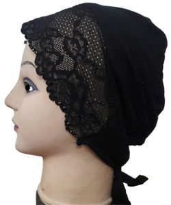 Cwen Collection Embellished Cwen Collection Hijab, BLACK LACE RHINESTONE TIE BACK BONNET, Women Underscarf Under Scarf, Helmet Cap Hat Hair Cover Stole, Bandanna, Stylish Chemo Cap Cap