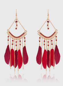 Jazz Jewellery Red Tassel Feather Beaded Long Party wear Dangler Hook Earrings for Girls Alloy Dangle Earring