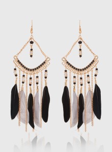 Jazz Jewellery Fashion Beaded Black and White Feather Dangler Gold Plated Tassel Earring for Girls and Women Alloy Dangle Earring