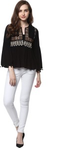taurus casual 3/4th sleeve embroidered women's black top