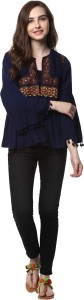 taurus casual 3/4th sleeve embroidered women's blue top