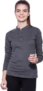 Ap'pulse Solid Women's Mandarin Collar Grey T-Shirt