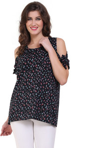 Damak Party Half Sleeve Floral Print Women Black Top