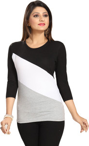 ALC Creations Striped Women Round Neck Black, White, Grey T-Shirt