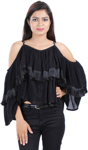 Secret Bazaar Party Full Sleeve Solid Women's Black Top