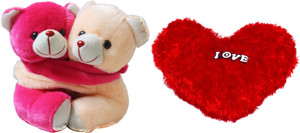 AKSHAT COMBO OF TWIN TEDDY WITH HEART SHAPE PILLOW (MULTICOLOR) - 8 inch