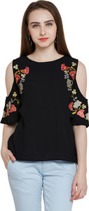 Rare Casual Half Sleeve Solid Women Black Top