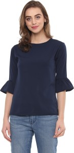 Mayra Casual Bell Sleeve Solid Women Blue Top