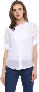 Mayra Casual Roll-up Sleeve Solid Women White Top