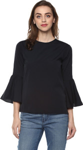 Mayra Casual Bell Sleeve Solid Women Black Top