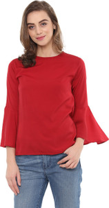 Mayra Casual Bell Sleeve Solid Women Red Top