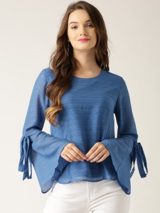 Marie Claire Casual Full Sleeve Striped Women Blue Top