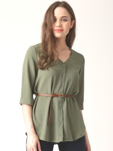 Marie Claire Casual Half Sleeve Solid Women Green Top