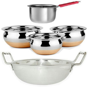 Jalpan Serving & Cookware Combo - Handi 3 Pcs. Set 500ml, 750ml, 1250ml, - Kadai 2 Liter - Sauce Pan 1 Liter -