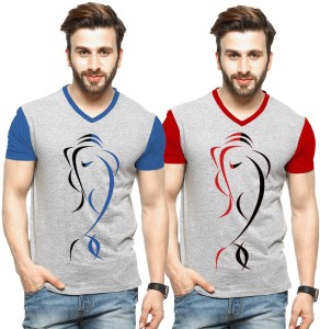 Tripr Printed Men V-neck Multicolor T-Shirt