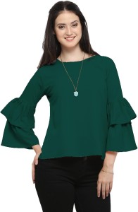 Serein Formal Bell Sleeve Solid Women Green Top
