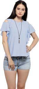 Serein Formal Short Sleeve Solid Women Light Blue Top