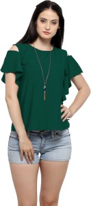 Serein Formal Short Sleeve Solid Women Green Top