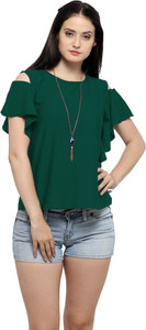 Serein Formal Short Sleeve Solid Women Green Top
