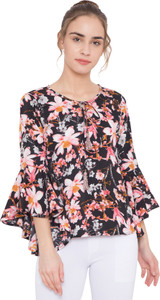 Arv Fashion Casual Bell Sleeve Floral Print Women's Black Top