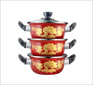 rynox Enamel Shahi Handi With Glass Lid Red Color Pack Of -3 Handi, Pot, Pan, Paniyarakkal Set