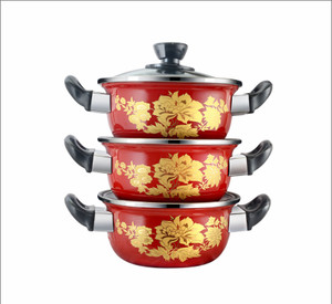 rynox Enamel Shahi Handi With Glass Lid Red Color Pack Of -3 Handi, Pot, Pan, Paniyarakkal Set