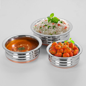 Sumeet 3Pc Set of Stainless Steel Copper URLI / Cookware / Serveware / Handi / POT / Cook & Serve - Size 3 to 5 Pot No. 3 - 1.3L , No. 4 - 1.7L, No. 5- 2.1L L