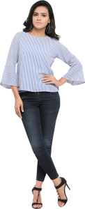Serein Casual Bell Sleeve Striped Women Blue Top