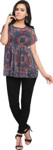 Serein Casual Half Sleeve Floral Print Women's Blue Top