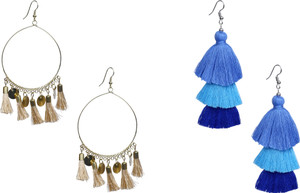 NAWAB Boho Gypsy Tassel and eanmel Earring for girls and women (pack of 2 pair)- BEIGE AND BLUE Alloy Tassel Earring