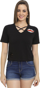 Chimpaaanzee Casual Half Sleeve Solid Women Black Top