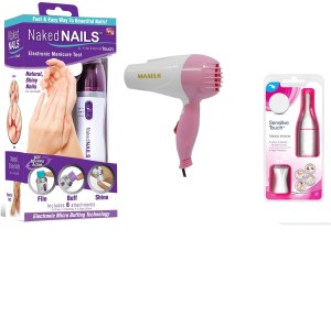 ibs naked nails electronic manicure tool by finishing touch with maxel hair dryer ak-001 plus facial hair razor remover cordless trimmer combo set of 3(3 items in the set)