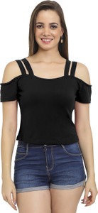 Chimpaaanzee Casual Shoulder Strap Solid Women Black Top