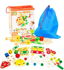Emob 78 Pcs Wooden Nut Combination Mechanical Construction Blocks Set Toy For Kids
