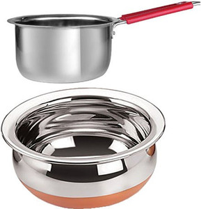 Jalpan Serving & Cookware 2 Pcs. - Handi 1900ml. Copper Bottom - with - Induction Sauce pan wire handle -1500ml. -