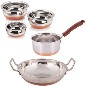 Jalpan Cookware Combo - Sauce Pan Copper Bottom - 2 Liter - with - Serving HANDI 3 Pcs. - Copper Bottom - 500ml, 750ml, 1250ml.- with - KADHAI 2 Liter - COPPER BOTTOM. Pot, Pan, Kadhai, Handi Set