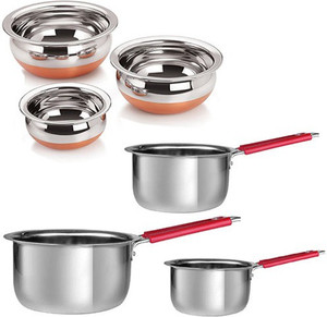 Jalpan Serving & Cookware - Induction Sauce pan wire handle 1000ml, 1500ml, 2000ml. - with - Serving HANDI Set 3 Pcs. - 500ml, 750ml, 1250ml. Copper Bottom --