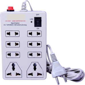 S.Blaze Amazing Heavy Duty 8 in 1 White Mini Strip / Power Strip / Extension Cord, with On / Off Switch & LED Indicator with 3-4m lengthy wire and Free 1 Amp. Fuse, 2 Three Pin Socket + 6 A Two Pin Socket